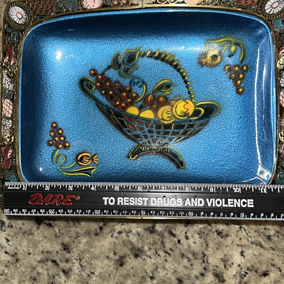 Vintage BRASS ENAMELED FOOTED Tray - Picture 7 of 11
